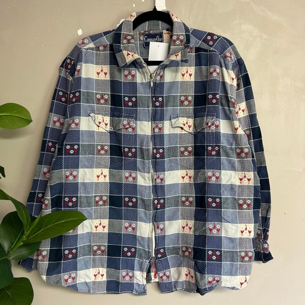 Company One Vintage 90s Embroidered Flower Plaid Zip Up Flannel Shirt Mens M
